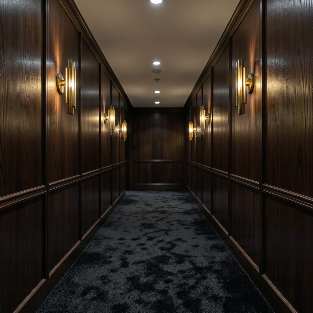 Quiet Bangkok office corridor with warm brass fixtures and dark wood panelling