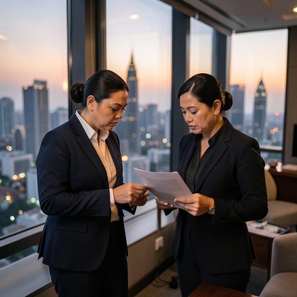 Two colleagues reviewing branch notes beside a tall window at dusk