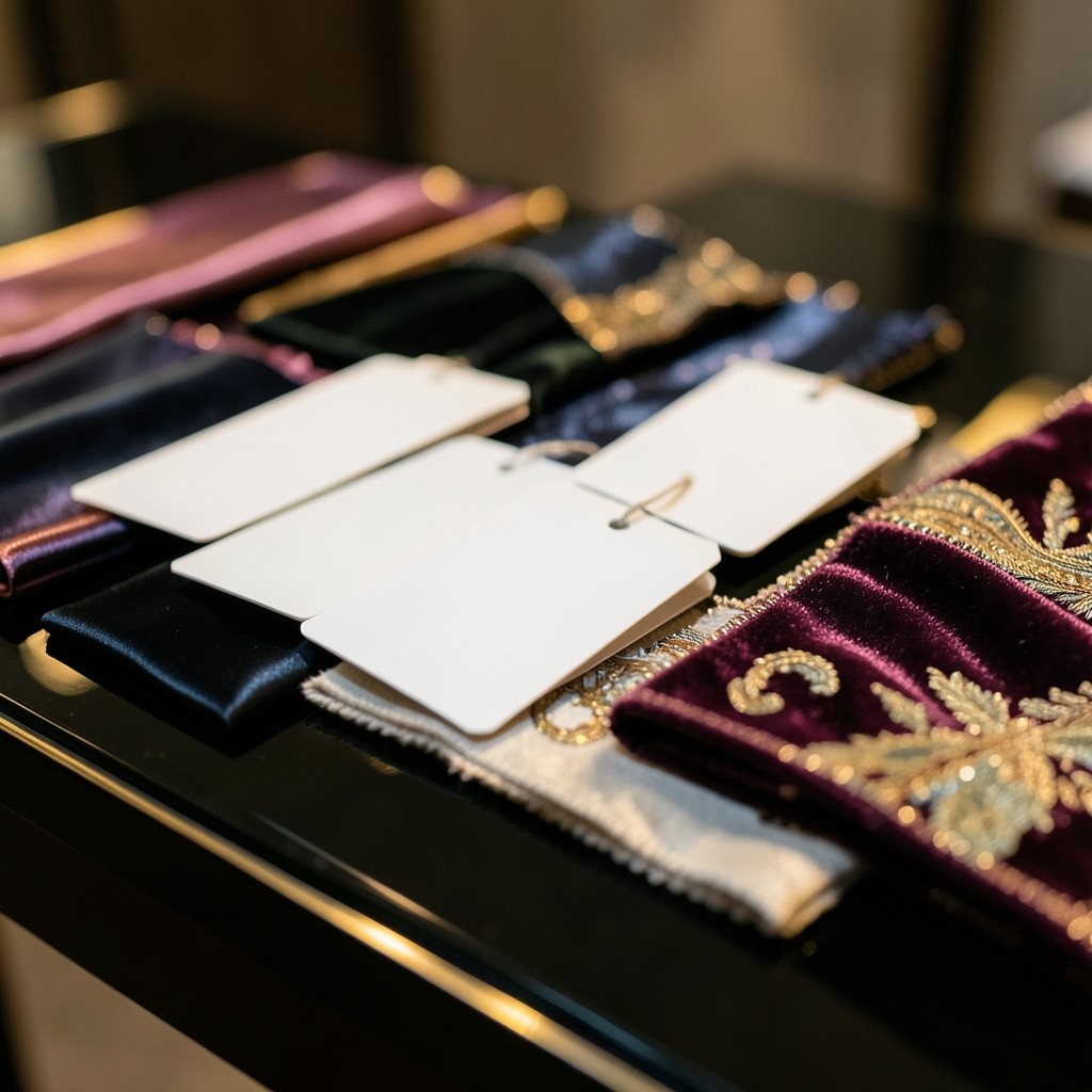 Close view of product tags and fabric swatches on a dark merchandising table