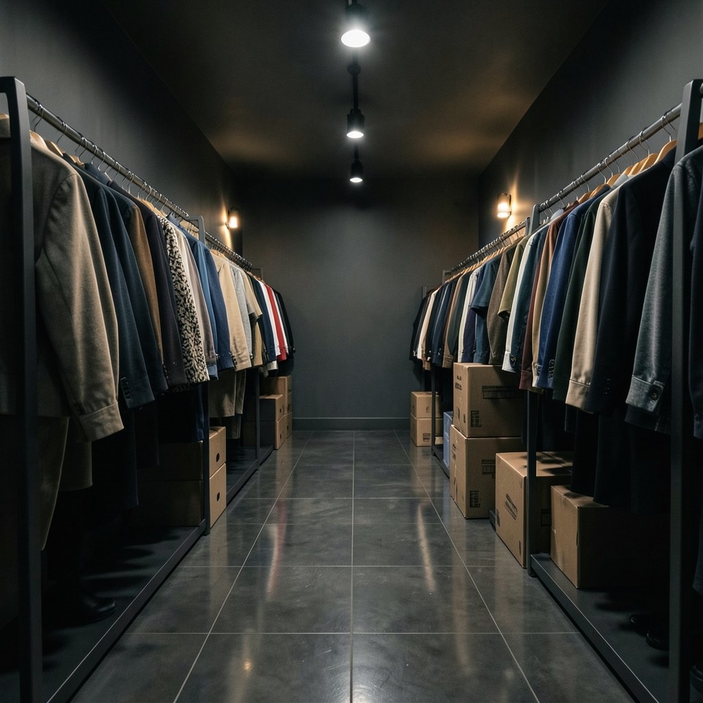 Cartons and garment rails in a stockroom aisle under soft overhead light