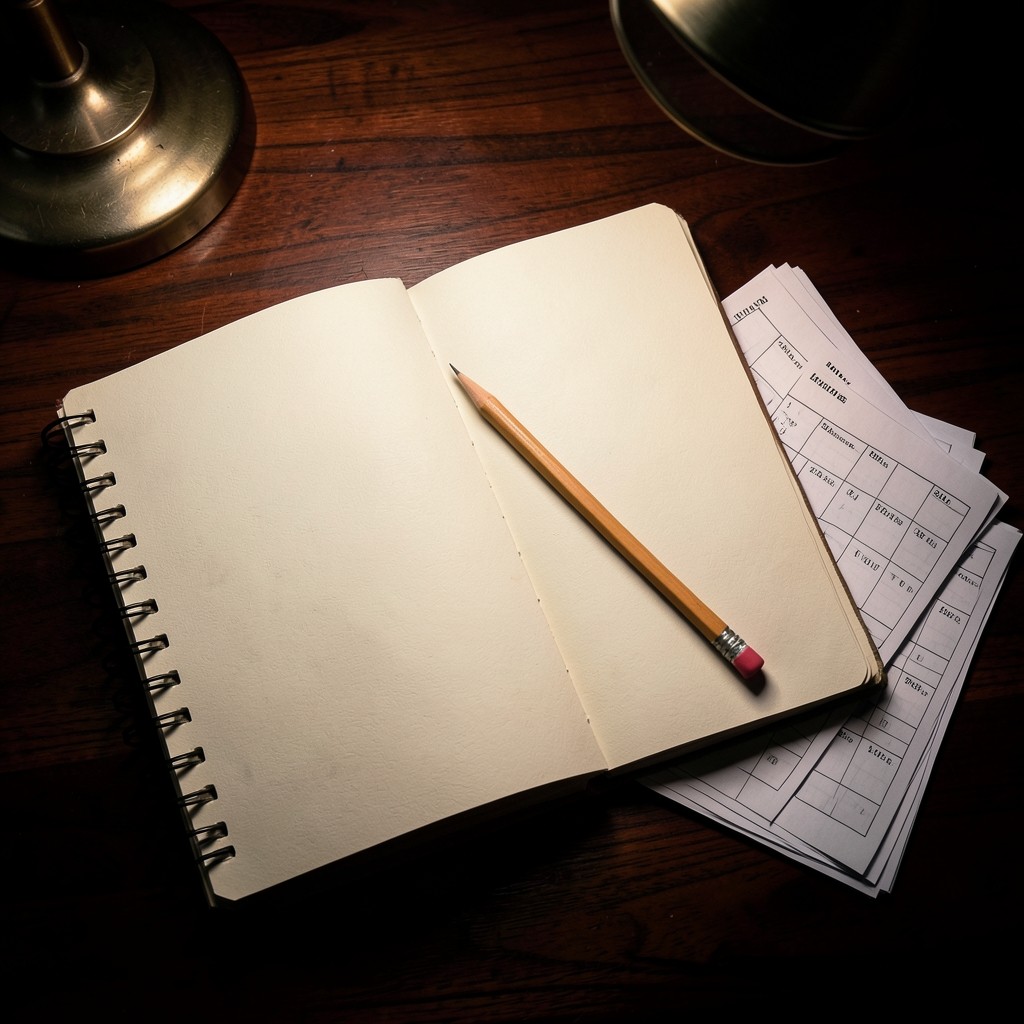 Notebook and pencil beside printed weekly sales sheets on a dark desk