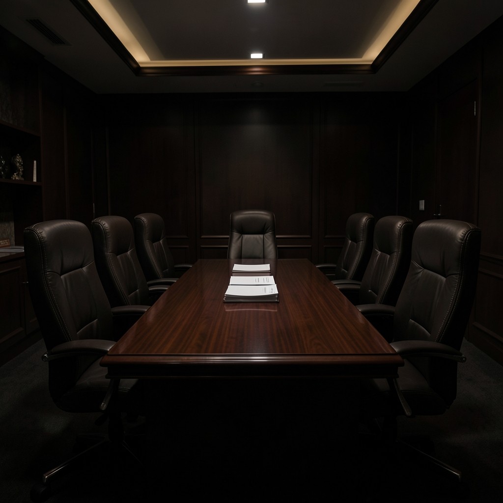 Cinematic view of a retail head-office meeting room prepared for a review session