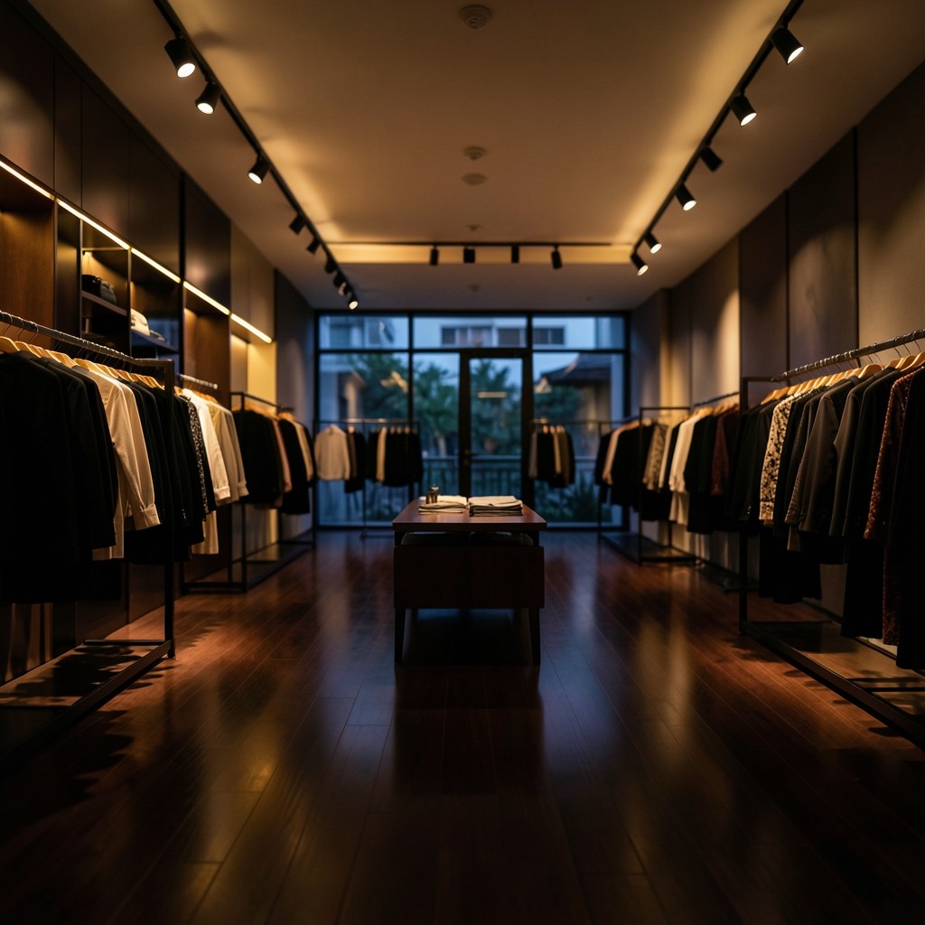 Evening view across a multi-branch retail floor with warm amber lighting and quiet aisles