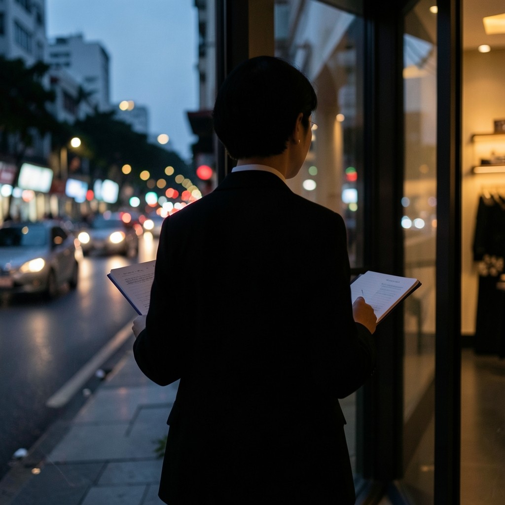 Retail buyer reviewing category notes beside a store window at dusk