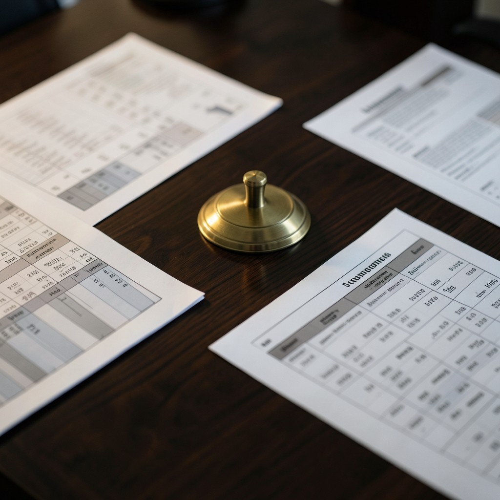 Printed sales comparison sheets spread across a dark wood meeting table