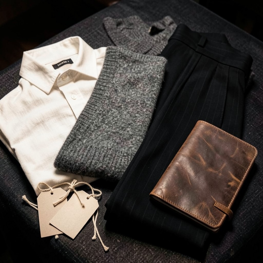 Folded apparel and tags arranged beside handwritten category notes