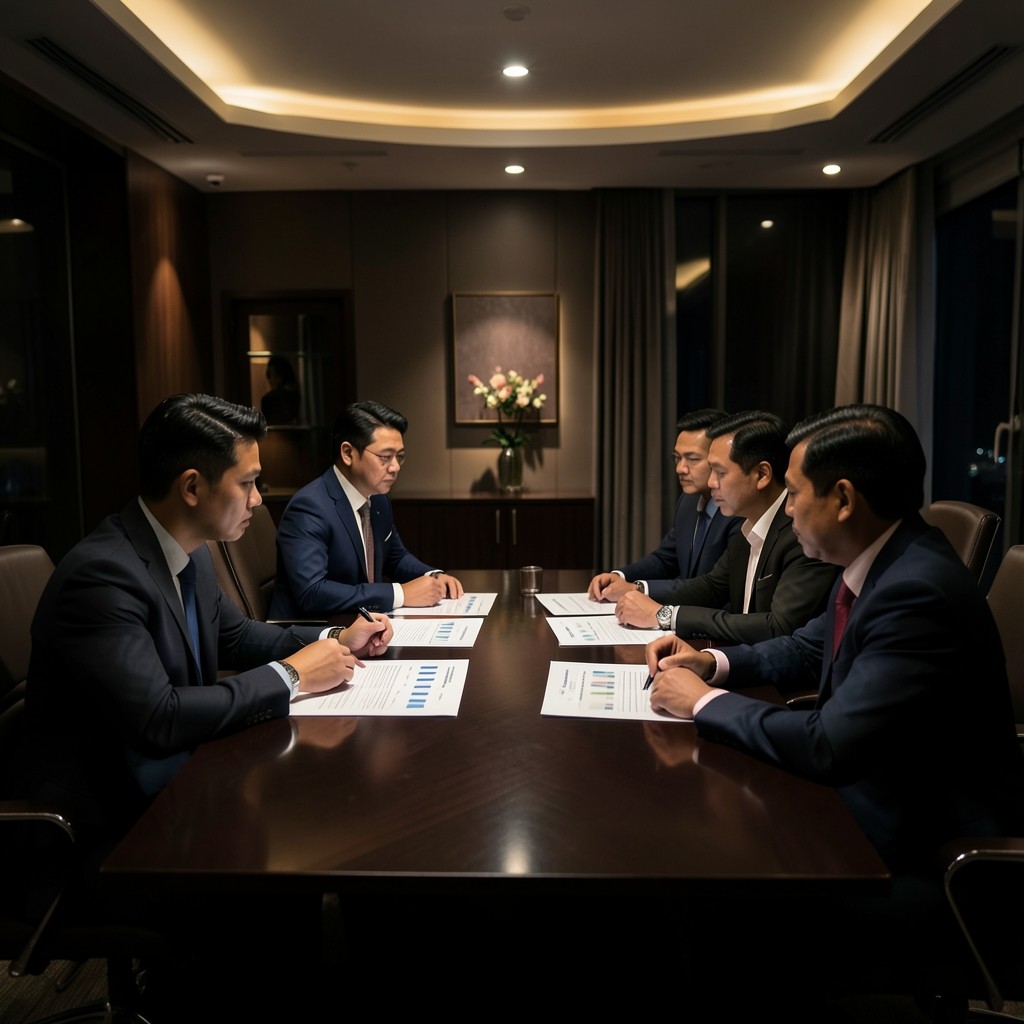 Small group around a dark conference table reviewing sales charts